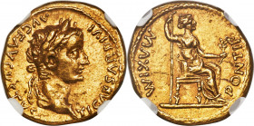 Tiberius (AD 14-37). AV aureus (19mm, 7.77 gm, 6h). NGC Choice AU 5/5 - 4/5. Lugdunum, ca. AD 14-17. TI CAESAR DIVI-AVG F AVGVSTVS, laureate head of T...