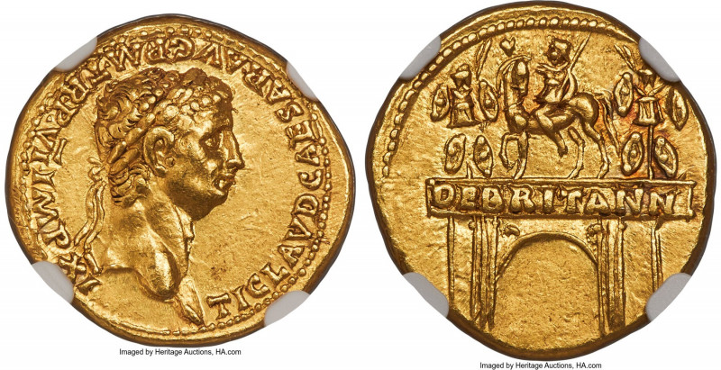 Claudius I (AD 41-54). AV aureus (19mm, 7.67 gm, 3h). NGC AU 5/5 - 4/5. Rome, AD...