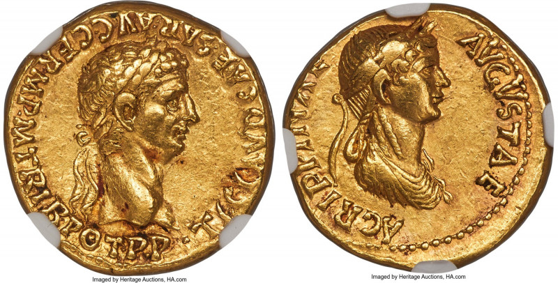 Claudius I (AD 41-54), with Agrippina Junior. AV aureus (18mm, 7.86 gm, 5h). NGC...