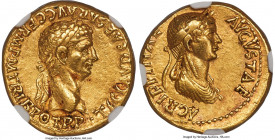 Claudius I (AD 41-54), with Agrippina Junior. AV aureus (18mm, 7.86 gm, 5h). NGC Choice XF 4/5 - 2/5, Fine Style, scratches, brushed. Rome, AD 50-54. ...