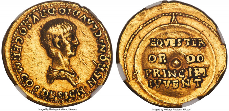 Nero, as Caesar (AD 54-68). AV aureus (19mm, 7.57 gm, 11h). NGC XF 4/5 - 2/5, ex...