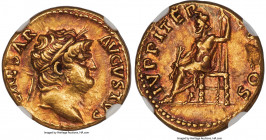 Nero, as Augustus (AD 54-68). AV aureus (18mm, 7.27 gm, 9h). NGC XF 3/5 - 4/5, Boscoreale Toning, flan flaw. Rome, ca. AD 64-65. NERO CAESAR-AVGVSTVS,...