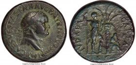 Vespasian (AD 69-79). AE sestertius (35mm, 25.95 gm, 7h). VF, altered surfaces. Lugdunum, AD 71. IMP CAES VESPASIAN AVG P M TR P P P COS III, laureate...
