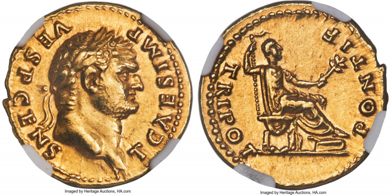 Titus, as Caesar (AD 79-81). AV aureus (20mm, 7.29 gm, 1h). NGC AU 5/5 - 5/5. Ro...