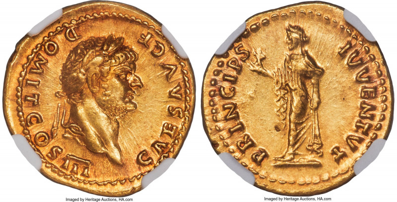 Domitian, as Caesar (AD 81-96). AV aureus (20mm, 7.31 gm, 6h). NGC Choice AU 4/5...