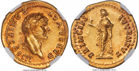 Domitian, as Caesar (AD 81-96). AV aureus (20mm, 7.31 gm, 6h). NGC Choice AU 4/5 - 4/5. Rome, AD 75. CAES AVG F-DOMIT COS III, laureate head of Domiti...
