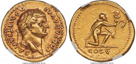 Domitian, as Caesar (AD 81-96). AV aureus (20mm, 7.29 gm, 5h). NGC Choice XF 5/5 - 4/5. Rome, AD 77-78. CAESAR AVG F-DOMITIANVS, laureate head of Domi...