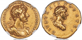 Hadrian (AD 117-138), with Divus Trajan. AV aureus (19mm, 7.19 gm, 7h). NGC XF 5/5 - 2/5, Fine Style, edge marks, brushed, scuffs. Rome, August-Decemb...