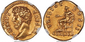Aelius Caesar (AD 136-138). AV aureus (18mm, 6.98 gm, 5h). NGC AU S 5/5 - 5/5, Fine Style. Rome, AD 137. L•AELIVS-CAESAR, bare head of Aelius left / T...