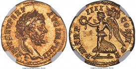 Septimius Severus (AD 193-211). AV aureus (20mm, 7.42 gm, 12h). NGC Choice MS 5/5 - 4/5. Rome, AD 196-197. L•SEPT SEV PERT-AVG IMP VIII, laureate head...