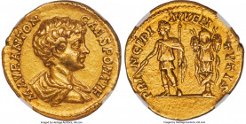 Caracalla, as Caesar (AD 198-217). AV aureus (19mm, 7.46 gm, 12h). NGC AU 5/5 - 3/5. Rome, AD 196-198. M AVR ANTON-CAES PONTIF, bare headed, draped bu...
