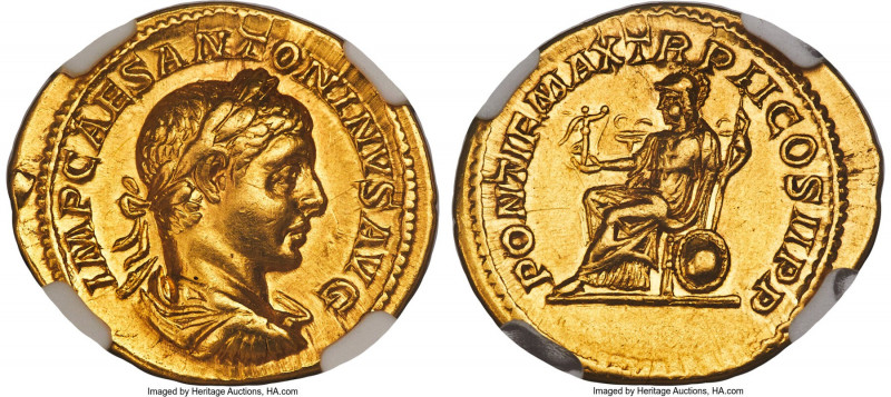 Elagabalus (AD 218-222). AV aureus (22mm, 6.36 gm, 1h). NGC Choice XF 5/5 - 3/5....