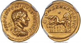 Elagabalus (AD 218-222). AV aureus (21mm, 6.59 gm, 6h). NGC Choice XF 5/5 - 3/5. Rome, AD 220-222. IMP ANTONINVS PIVS AVG, laureate, draped, and cuira...