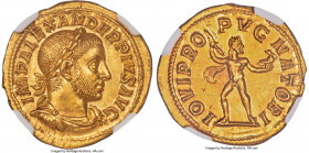 Severus Alexander (AD 222-235). AV aureus (21mm, 7.10 gm, 1h). NGC Choice MS 5/5 - 4/5, Fine Style. Rome, ca. AD 231-235. IMP ALEXANDER PIVS AVG, laur...