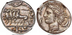 SICILY. Syracuse. Time of Dionysius I (405-370 BC). AR decadrachm (35mm, 43.06 gm, 3h). NGC Choice AU 5/5 - 3/5, Fine Style. Reverse die signed by Eua...