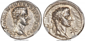 Gaius "Caligula" (AD 37-41), with Divus Augustus (or Tiberius). AR denarius (19mm, 3.81 gm, 11h). NGC AU 5/5 - 4/5. Lugdunum, 1st issue, AD 37. C•CAES...
