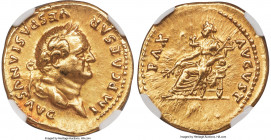Vespasian (AD 69-79). AV aureus (20mm, 7.37 gm, 6h). NGC Choice XF 5/5 - 4/5. Rome, AD 75. IMP CAESAR-VESPASIANVS AVG, laureate head of Vespasian righ...