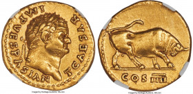 Titus, as Caesar (AD 79-81). AV aureus (19mm, 7.23 gm, 7h). NGC Choice XF 5/5 - 2/5, edge filing, brushed. Rome, AD 75. T CAESAR-IMP VESPASIAN, laurea...