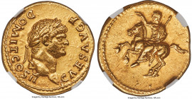 Domitian, as Caesar (AD 81-96). AV aureus (20mm, 7.18 gm, 6h). NGC AU 5/5 - 3/5. Rome, AD 73-75. CAES AVG F-DOMIT COS II, laureate head of Domitian ri...