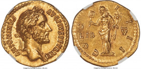 Antoninus Pius (AD 138-161). AV aureus (20mm, 7.20 gm, 5h). NGC MS 5/5 - 3/5, scratch. Rome, AD 147-148. ANTONINVS-AVG PIVS P P TR P XI, laureate bust...