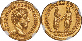 Marcus Aurelius, as Augustus (AD 161-180). AV aureus (19mm, 7.17 gm, 5h). NGC MS 5/5 - 4/5, Fine Style, edge marks. Rome, March-December AD 161. IMP C...