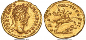 Lucius Verus, as Augustus (AD 161-169). AV aureus (20mm, 7.36 gm, 5h). NGC AU 5/5 - 3/5, scuff Rome, February-December AD 165. L•VERVS AVG-ARM PARTH M...