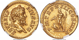 Septimius Severus (AD 193-211). AV aureus (19mm, 7.05 gm, 5h). NGC Choice AU 5/5 - 3/5, brushed. Rome, AD 205. SEVERVS-PIVS AVG, laureate head of Sept...