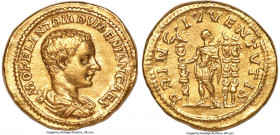 Diadumenian, as Caesar (AD 217-218). AV aureus (21mm, 7.22 gm, 12h). XF, reengraved. Rome. M OPEL ANT DIADVMENIAN CAES, bare headed, draped bust of Di...