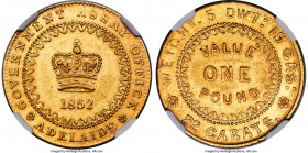 South Australia. British Colony - Victoria gold "Adelaide" Pound 1852 AU58 NGC, KM2, Fr-3, Rennik-pg. 21, McDonald-pg. 41. Type II reverse with dentil...