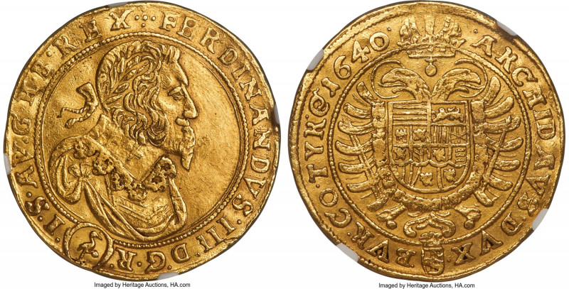 Ferdinand III gold 5 Ducat 1640 AU Details (Obverse Repaired) NGC, Vienna mint, ...