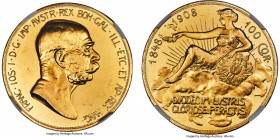 Franz Joseph I gold Proof "Lady in the Clouds" 100 Corona 1908 PR62 NGC, Kremnitz mint, KM2812, Fr-514. Struck for the 60th anniversary of Franz Josep...