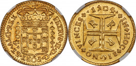 Pedro II gold 4000 Reis 1704-R MS63+ NGC, Rio de Janeiro mint, KM101, LMB-35. Of markedly higher quality than can normally be expected, not just for t...