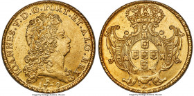 João V gold 12800 Reis (Dobra) 1729-R AU58 NGC, Rio de Janeiro mint, KM140, LMB-195. A well-preserved example whose impressive condition is immediatel...