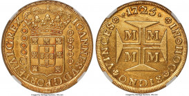 João V gold 20000 Reis 1725-M MS62+ NGC, Minas Gerais mint, KM117, LMB-249. Consistently bold across the designs and preserving a level of quality tha...