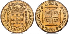 João V gold 20000 Reis 1727-M MS62 NGC, Minas Gerais mint, KM117, LMB-251. An entrancing selection of this largest gold type minted in colonial Brazil...