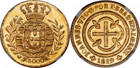 João VI gold 4000 Reis 1819-(B) MS63 NGC, Bahia mint, KM327.3, LMB-580, Gomes-28.01 (Rare), Bentes-436.01 (R3). Mintage: 1,864. Date between two cross...