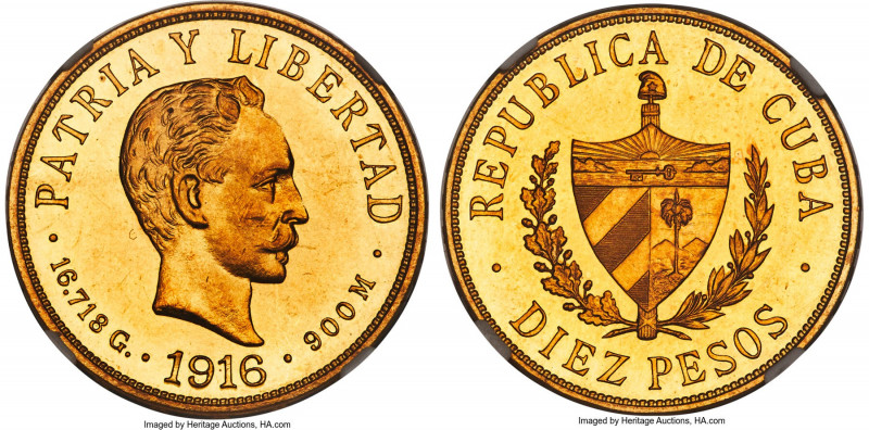 Republic gold Proof 10 Pesos 1916 PR63 NGC, KM20 (Rare), Fr-3. A highly elusive ...
