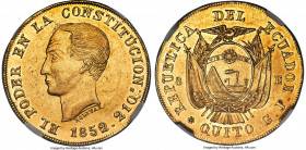 Republic gold 8 Escudos 1852/0 QUITO-GJ AU58 NGC, Quito mint, KM34.1, Onza-1772 (Rare), Carr-94. Conveying sweeping golden brilliance and exceedingly ...