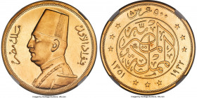 Fuad I gold Proof 500 Piastres AH 1351 (1932) PR65 NGC, London mint, KM355, Fr-31. A lightly patinated gem representative of this fleeting Proof issue...