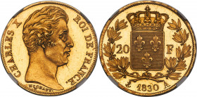Charles X gold Proof 20 Francs 1830-A PR66 Cameo NGC, Paris mint, KM726.1, Gad-1029a. Raised lettered edge. A highly challenging Proof issue, which, t...