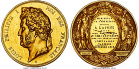 Louis Philippe I gold "Ministry of the Interior" Medal 1840-Dated UNC Details (Scratches) NGC, 52mm. 111.05gm. By Barre. An appealing, heavy gold meda...