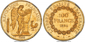 Republic gold 100 Francs 1894-A MS60 NGC, Paris mint, KM832, Fr-590, Gad-1137. Mintage: 143. The cornerstone date of the circulation-series 100 Francs...