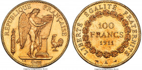 Republic gold 100 Francs 1911-A MS65 PCGS, Paris mint, KM858, Fr-590, Gad-1137a. Far and away superior for this conditionally challenging series, a re...