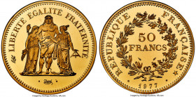 Republic gold Proof Piefort 50 Francs 1977 PR67 Ultra Cameo NGC, Paris mint, KM-P591, GEM-223.P2. Mintage: 50. A sharp representative of this low-mint...