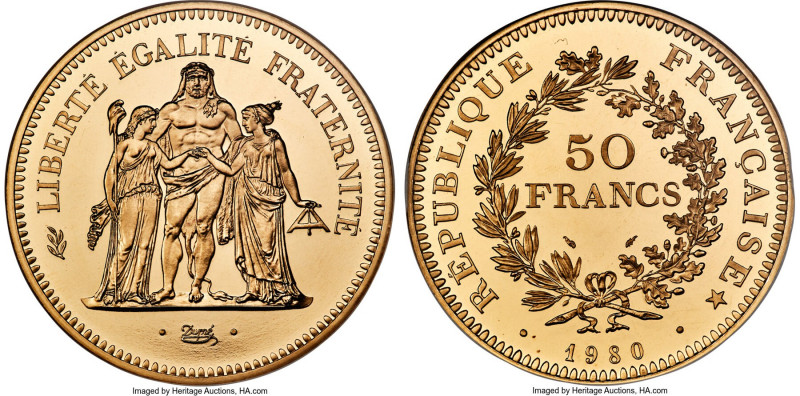 Republic gold Proof Piefort 50 Francs 1980 PR66 Ultra Cameo NGC, Paris mint, KM-...