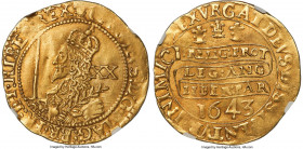 Charles I gold Unite (20 Shillings) 1643 XF40 NGC, Oxford mint, Plume mm, KM254, S-2734, N-2389, Schneider-316, Brooker-851. A still-lustrous represen...