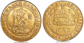 Charles I gold Triple Unite 1642 AU53 NGC, Oxford mint, Plume mm, KM234, S-2724, N-2381 (VR), Brooker-830. 26.97gm. Variety with declaration between w...