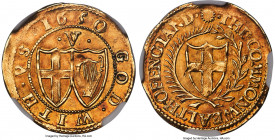 Commonwealth gold Crown 1650 MS62+ NGC, Sun mm, KM393.1, S-3212, N-2719 (R), Schneider-358. 2.30gm. Exceedingly close to choice preservation, with sha...
