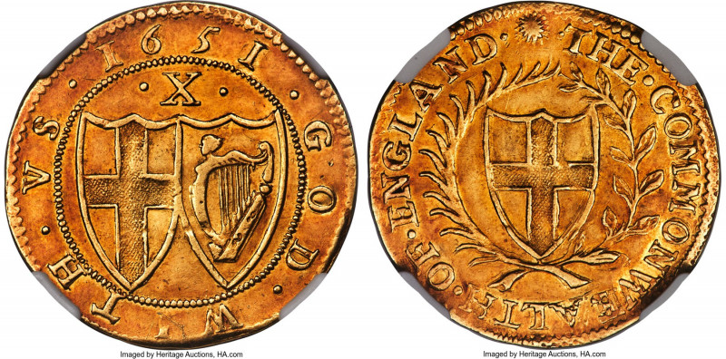 Commonwealth gold Double Crown 1651/0 AU58 NGC, Sun mm, KM394.1, S-3210, N-2717 ...