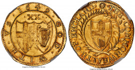 Commonwealth gold Unite 1649 MS62 NGC, Sun mm, KM395.1, S-3208, N-2715, Schneider-337. 9.02gm. A sublime representative of this first year of the Comm...